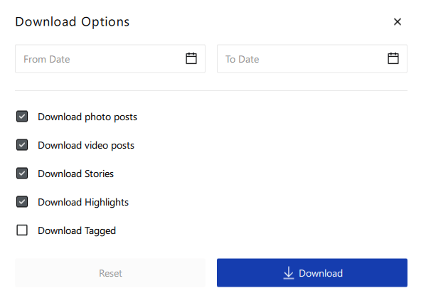 Download options window